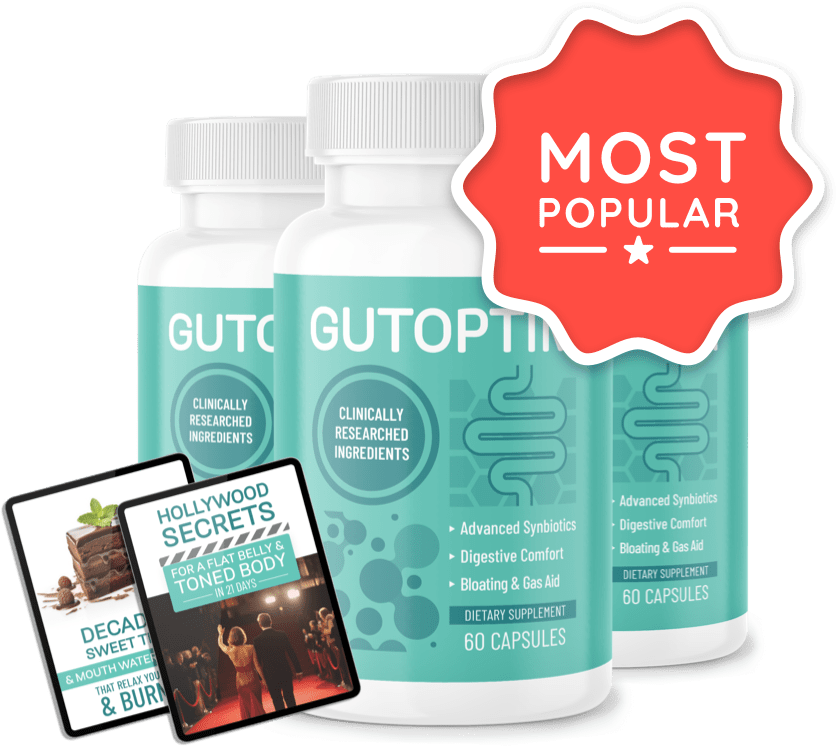 three bottles of GutOptim supplement with bonus guides