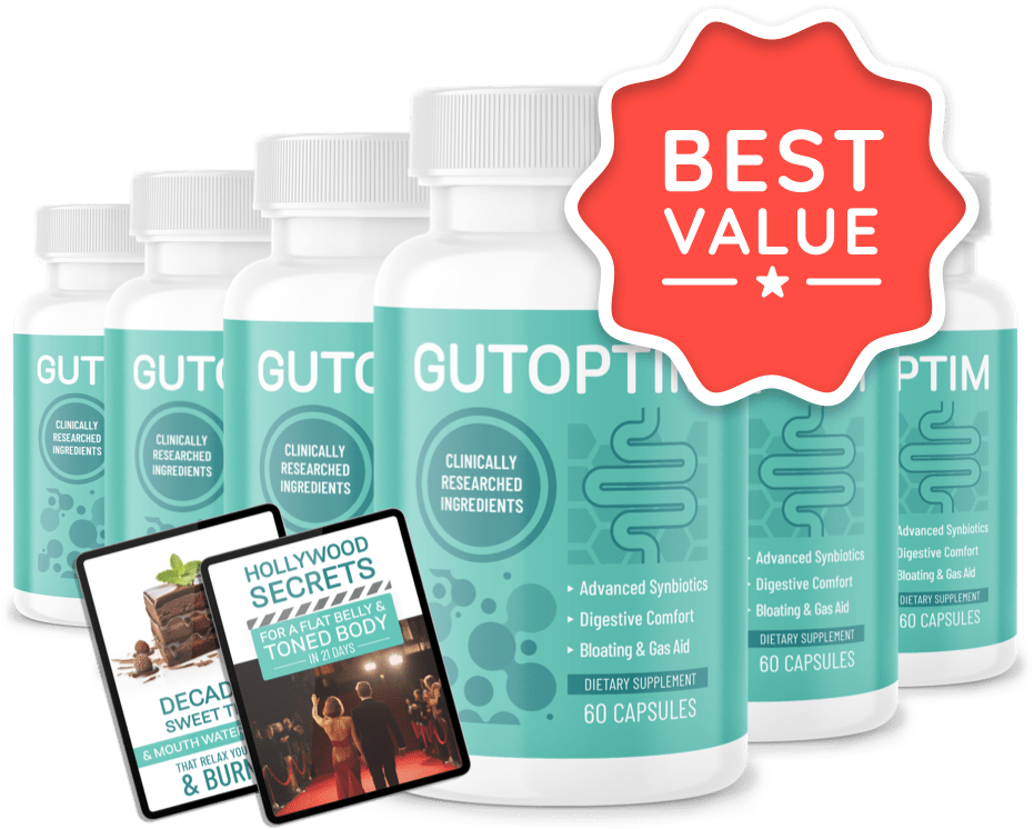Six bottles of GutOptim supplement with bonus guides